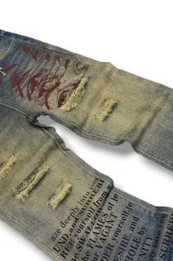 Archive 90s Y2K Heavy Distressed Washed Wide Leg Graphic Denim Jeans
