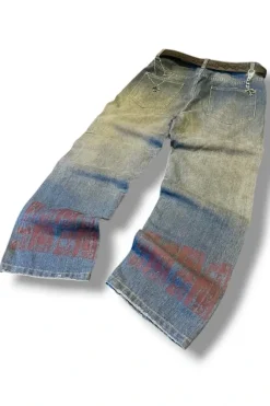 Archive 90s Y2K Heavy Distressed Washed Wide Leg Graphic Denim Jeans