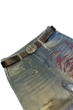 Archive 90s Y2K Heavy Distressed Washed Wide Leg Graphic Denim Jeans