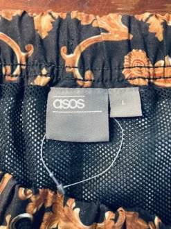 ASOS baroque pattern gold and black swim shorts