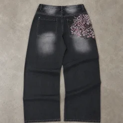 Baggy Jeans Grey Embroidered Sakura Haft Vintage Retro Wide