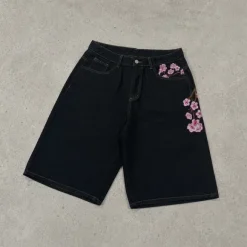 Baggy Jorts black denim shorts embroidered opium