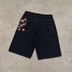 Baggy Jorts black denim shorts embroidered opium