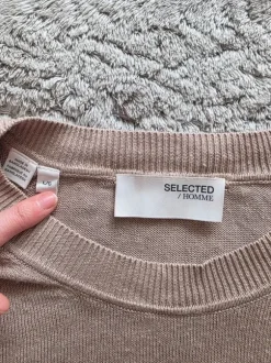 Beżowa cienka koszulka dzianinowa krótki rękaw Selected len wiskoza gładka prosta casual L