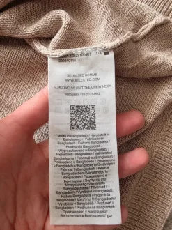 Beżowa cienka koszulka dzianinowa krótki rękaw Selected len wiskoza gładka prosta casual L