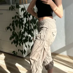 beżowe rybaczki capri pants cargo 3/4 z dużymi kieszeniami