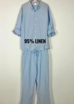 Błękitny niebieski komplet 95% len koszula rozpinana długie spodnie na co dzień lato XXL 2XL