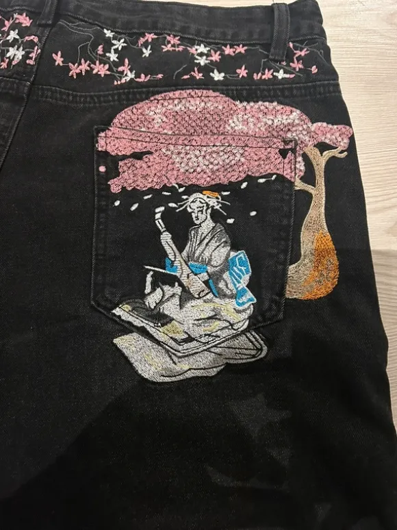 Black denim jorts embroidered jorts