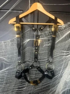 Black Leather harness gold buckles fetish