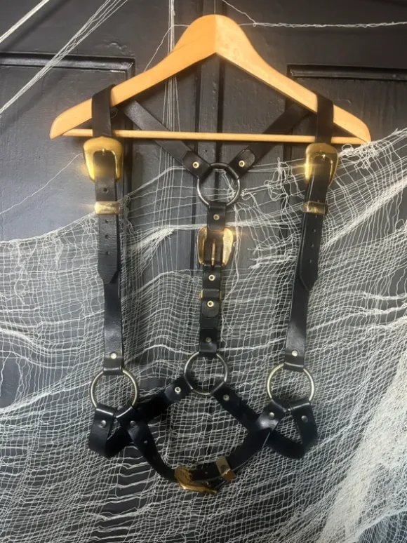 Black Leather harness gold buckles fetish