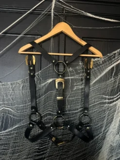 Black Leather harness gold buckles fetish