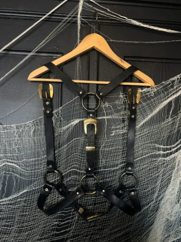 Black Leather harness gold buckles fetish