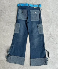 Jeansy cargo wide leg Y2K XS / W24 z paskiem i paskami przy nogawkach