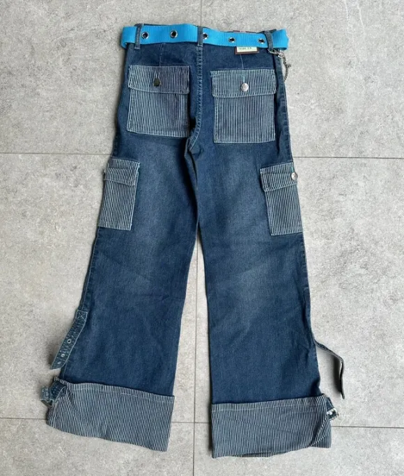 Jeansy cargo wide leg Y2K XS / W24 z paskiem i paskami przy nogawkach