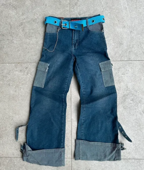 Jeansy cargo wide leg Y2K XS / W24 z paskiem i paskami przy nogawkach