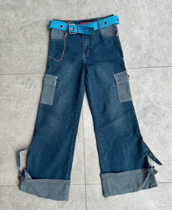 Jeansy cargo wide leg Y2K XS / W24 z paskiem i paskami przy nogawkach