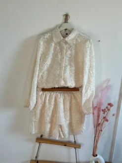 Komplet boho haft śmietankowy koszula + spódnico spodenki XL lato