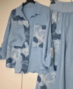 Komplet lniany w kwiaty koszula oversize spodnie szeroka nogawka wide leg 100% len Puro Lino