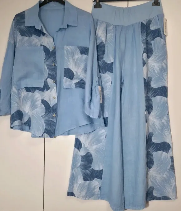 Komplet lniany w kwiaty koszula oversize spodnie szeroka nogawka wide leg 100% len Puro Lino
