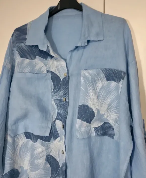 Komplet lniany w kwiaty koszula oversize spodnie szeroka nogawka wide leg 100% len Puro Lino