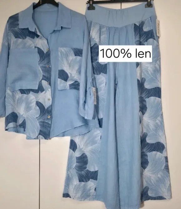 Komplet lniany w kwiaty koszula oversize spodnie szeroka nogawka wide leg 100% len Puro Lino