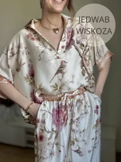 Komplet satynowy z jedwabiem wiskoza w kwiaty koszula spodnie z gumką w pasie luźny elegancki zestaw