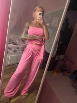 Komplet set spodnie z szerokimi nogawkami top bez ramiączek , prążek , róż 95% wiskoza