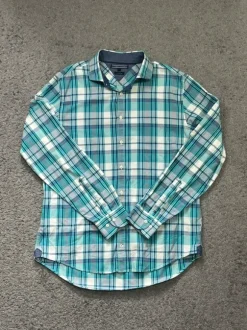Koszula Tommy Hilfiger – Męska, w kratę, turkusowo-morska