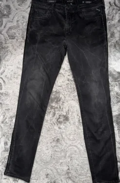 Męskie dżinsy Replay Anbass Hyperflex – Slim Fit (Czarne/Szare z lampasami)