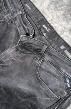 Męskie dżinsy Replay Anbass Hyperflex – Slim Fit (Czarne/Szare z lampasami)