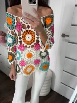 Narzutka ażurowa plażowa boho w kwiaty kolorowa Kaleidoscope 36-38 S/M