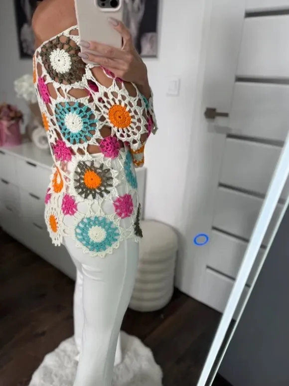 Narzutka ażurowa plażowa boho w kwiaty kolorowa Kaleidoscope 36-38 S/M