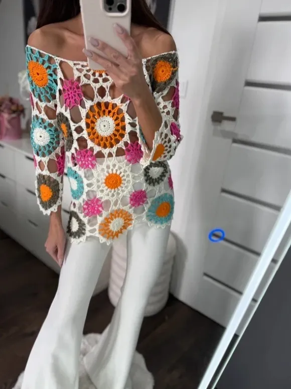 Narzutka ażurowa plażowa boho w kwiaty kolorowa Kaleidoscope 36-38 S/M