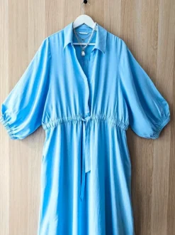 Niebieska sukienka na komunię na wesele letnia len bawełna scandi midi dress blue