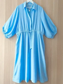 Niebieska sukienka na komunię na wesele letnia len bawełna scandi midi dress blue