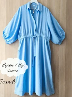 Niebieska sukienka na komunię na wesele letnia len bawełna scandi midi dress blue
