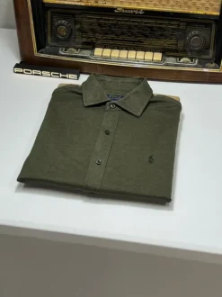 RLK-1675X koszula Ralph Lauren, w stylu old money, khaki, ciemna zieleń, slim fit, oxford knit