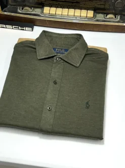 RLK-1675X koszula Ralph Lauren, w stylu old money, khaki, ciemna zieleń, slim fit, oxford knit