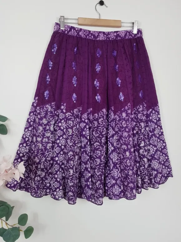 Spódnica midi vintage fioletowa hippie boho rozkloszowana wzorzysta bawełniana cotton falbaniasta