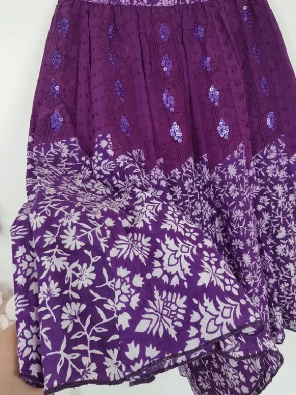 Spódnica midi vintage fioletowa hippie boho rozkloszowana wzorzysta bawełniana cotton falbaniasta