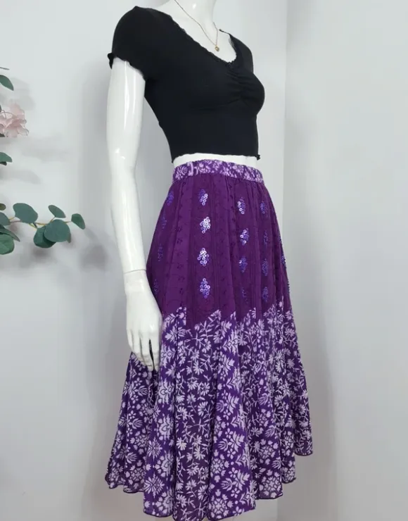 Spódnica midi vintage fioletowa hippie boho rozkloszowana wzorzysta bawełniana cotton falbaniasta