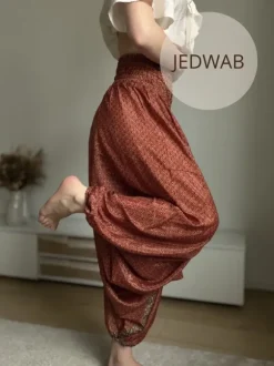 Spodnie alladynki S 36 jedwabne rayon balloon balonowe we wzory na lato