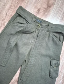 Spodnie damskie z szerokimi nogawkami khaki lniane zwiewne 100% len TATUUM r. S