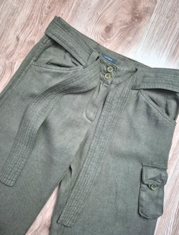 Spodnie damskie z szerokimi nogawkami khaki lniane zwiewne 100% len TATUUM r. S