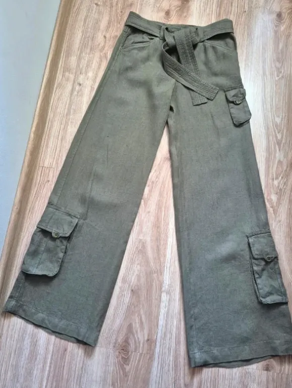 Spodnie damskie z szerokimi nogawkami khaki lniane zwiewne 100% len TATUUM r. S