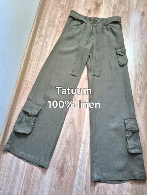 Spodnie damskie z szerokimi nogawkami khaki lniane zwiewne 100% len TATUUM r. S