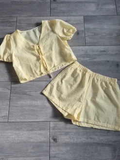 Żółty komplet damski boho pastel set loose comfy puff sleeves shorts co ord L 40
