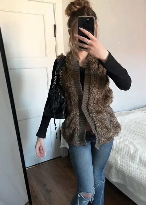 vintage brown faux fur waistcoat y2k sztuczne futerko futrzana kamizelka 00s swag avant garde