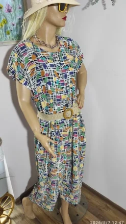 Vintage 80s Kombinezon Abstract Pop Art Geometryczny Wzór Wiskoza Kolorowy Retro Chic Rozmiar L/Xl
