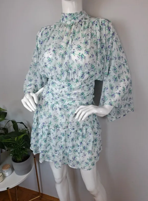 Zwiewna kwiatowa sukienka kimono drapowana marszczona szerokie rękaw tiul